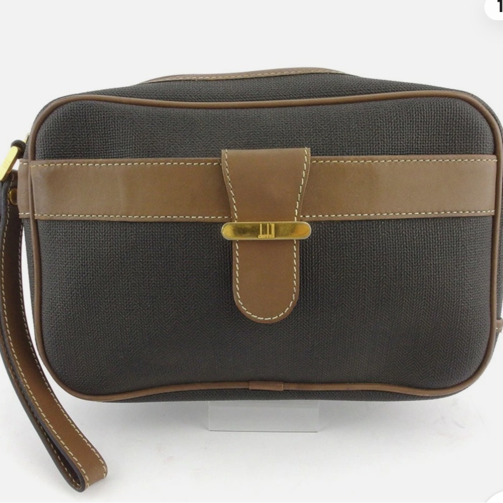 Dunhill Clutch Travel Bag Charcoal Gray Brown Leather Gold